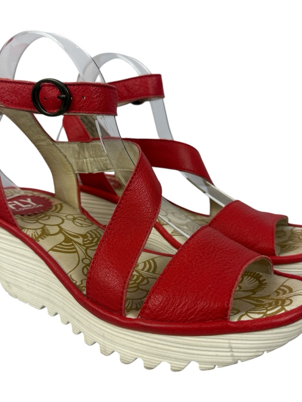 FLY London Red Leather Wedge 3" Heel Sandals Ankle Strap Open Toe Size 38
